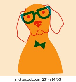 Perro, cachorro con gafas. Avatar, insignia, afiche, plantillas de logotipo, impresión. Ilustración vectorial en un estilo minimalista con efecto de impresión Riso. Estilo de caricatura plano