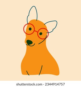 Hund, Welpe in Brille. Avatar, Badge, Poster, Logo-Vorlagen, Druck. Vektorgrafik im minimalistischen Stil mit Riso-Druckeffekt. Flacher Cartoon-Stil