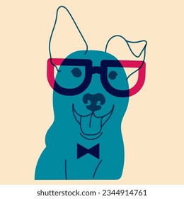 Dog, puppy in glasses. Avatar, badge, poster, logo templates, print. Vector illustration in a minimalist style  with Riso print effect. Flat cartoon style