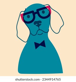 Dog, puppy in glasses. Avatar, badge, poster, logo templates, print. Vector illustration in a minimalist style  with Riso print effect. Flat cartoon style