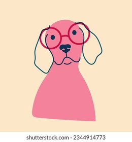 Dog, puppy in glasses. Avatar, badge, poster, logo templates, print. Vector illustration in a minimalist style  with Riso print effect. Flat cartoon style