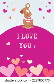 Dog, puppy, greeting card, I love you text, vector decorative illustration