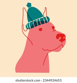 Hund, Hund in Hut. Avatar, Badge, Poster, Logo-Vorlagen, Druck. Vektorgrafik im minimalistischen Stil mit Riso-Druckeffekt. Flacher Cartoon-Stil