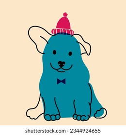 Hund, Hund in Hut. Avatar, Badge, Poster, Logo-Vorlagen, Druck. Vektorgrafik im minimalistischen Stil mit Riso-Druckeffekt. Flacher Cartoon-Stil