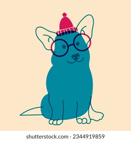 Dog, puppy hat in glasses. Avatar, badge, poster, logo templates, print. Vector illustration in a minimalist style  with Riso print effect. Flat cartoon style