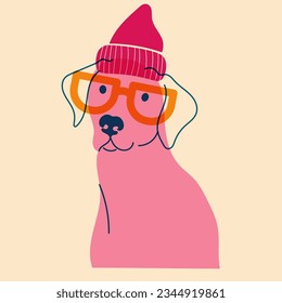 Dog, puppy hat in glasses. Avatar, badge, poster, logo templates, print. Vector illustration in a minimalist style  with Riso print effect. Flat cartoon style