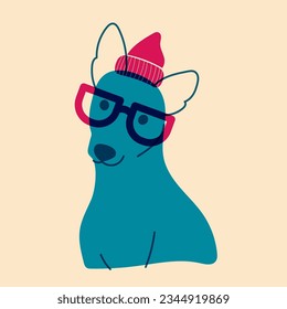 Dog, puppy hat in glasses. Avatar, badge, poster, logo templates, print. Vector illustration in a minimalist style  with Riso print effect. Flat cartoon style