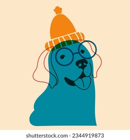 Dog, puppy hat in glasses. Avatar, badge, poster, logo templates, print. Vector illustration in a minimalist style  with Riso print effect. Flat cartoon style