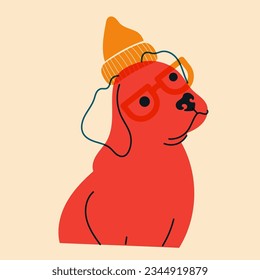 Dog, puppy hat in glasses. Avatar, badge, poster, logo templates, print. Vector illustration in a minimalist style  with Riso print effect. Flat cartoon style