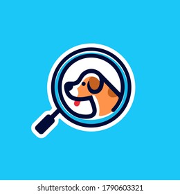 dog puppy head logo sticker for search pet company with minimal magnifying glass icon vector illustration in trendy cartoon line style