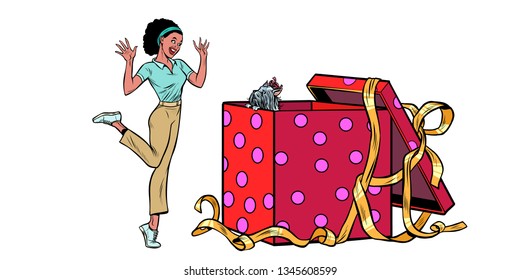 dog puppy holiday gift box. African woman funny reaction joy. isolate on white background Pop art retro vector illustration vintage kitsch 50s 60s