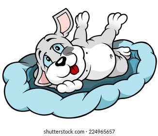 Dog Puppy Lying In Bed - Cartoon Illustration, Vector