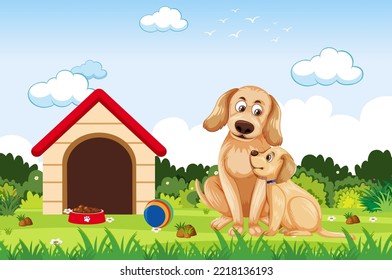 A dog with puppy at outdoor scene illustration