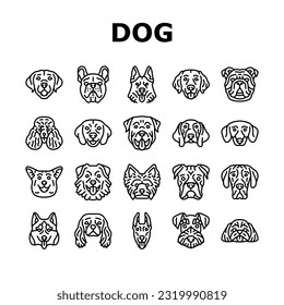 dog puppy pet animal cute icons set vector. breed character, terrier domestic, canine bulldog, happy funny, labrador adorable dog puppy pet animal cute black contour illustrations