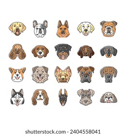 dog puppy pet animal cute icons set vector. breed character, terrier domestic, canine bulldog, happy funny, labrador adorable dog puppy pet animal cute color line illustrations