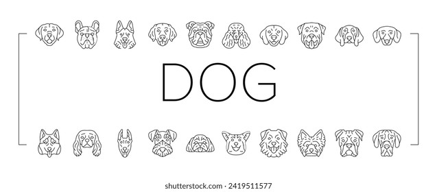 dog puppy pet animal cute icons set vector. breed character, terrier domestic, canine bulldog, happy funny, labrador adorable dog puppy pet animal cute black line illustrations