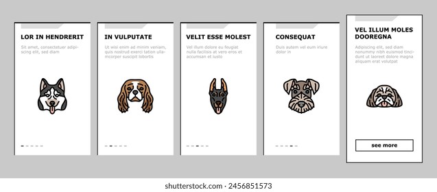 dog puppy pet animal cute onboarding mobile vector. breed character, terrier domestic, canine bulldog, happy funny, labrador adorable dog puppy pet animal cute Illustrations