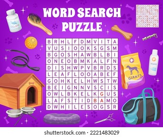 Dog and puppy pet care accessories on word search puzzle game worksheet. Kids quiz grid, logical test or child educational puzzle, vector playing activity with dog pet toys, food and grooming tools