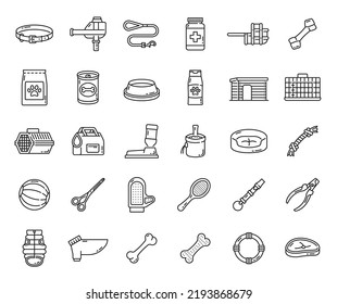 Dog and puppy pet care outline icons. Grooming, veterinary health, food and toys line icons. Dog animal care supplies outline symbols, puppy pet grooming, feeding thin line vector signs