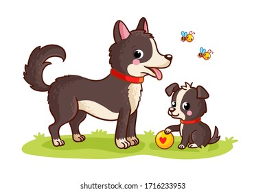 Dog and puppy play ball in a green meadow. Mom and baby. Vector illustration with cute pets in cartoon style.
