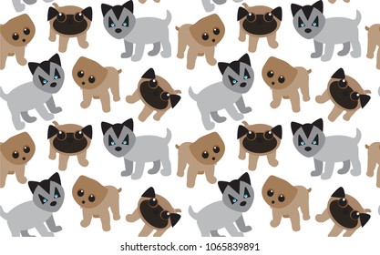 dog puppy seamless vector pattern, pug, pomeranian, husky, catroon cute  animals