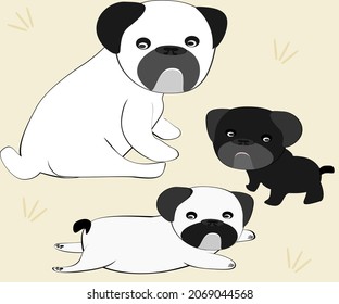 Dog, puppy, short face, fat body, black, facing backwards. Vector illustration of a cute pet