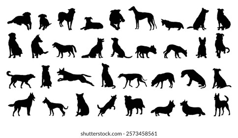 dog and puppy silhouette set. dog and puppy different breed. greyhound, pug, shepherd, French bulldog and others isolated farm animal silhouette icon vector collection. Vector illustration