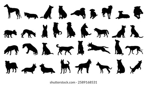 dog and puppy silhouette set. dog and puppy different breed. greyhound, pug, shepherd, French bulldog and others isolated farm animal silhouette icon vector collection. Vector illustration