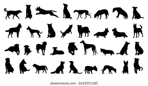 conjunto de silhueta de cachorro e cachorro. cão e cachorro raça diferente. galgos, pug, pastor, buldogue francês e outros isolados coleção de vetor de ícone de silhueta de animal de fazenda. Ilustração vetorial