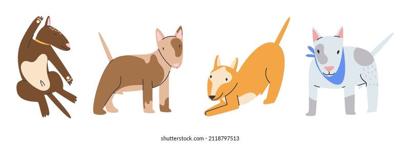 Dog puppy stands, lies, sleeps. Collection of Cute pets isolated on white background. Flat vector illustration.