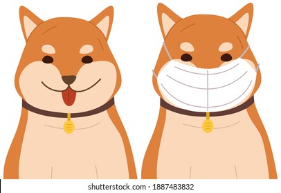 El perro se está poniendo una máscara. Perro de cabello rojo con una máscara. Perro jengibre feliz con máscara médica, ilustración vectorial, aislado en blanco, fondo. Autoaislamiento durante la cuarentena y la pandemia