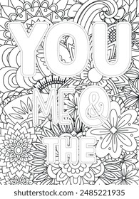 Dog Quotes Flower Coloring Page Beautiful black and white illustration for adult coloring book