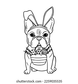 Dog with rabbit ears and easter basket. Easter Dog. French bulldog black and white hand drawn portrait. Happy Easter card with dog wearing bunny ears. Good for posters, t shirts, postcards.