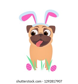 Dog rabbit with easter eggs on the grass. Pug wearing Easter bunny ears. Funny cartoon illustration with dog for card, banner, flyer. Happy Easter.