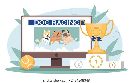 Dog racing concept. Golden trophy with purebred puppies. Tournament and contest with domestic animals. Goblet at podium. Cartoon flat vector illustration isolated on white background