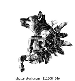 The dog raised face with eyes closed and legs bent in a pose of rest with the leaves in the wreath shape, sketch vector graphics monochrome illustration on white background