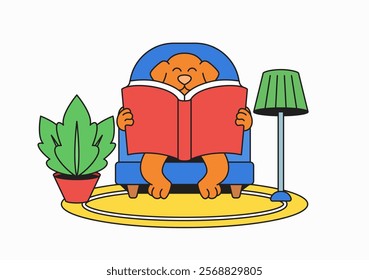 Dog reading a book in a cozy chair surrounded by plants in a colorful, heartwarming design