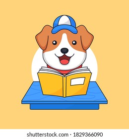 Dog reading book on classroom table animal school activity vector outline illustration mascot