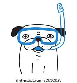 Dog ready for swimming. Diving mask. Vector outline illustration on white background. 