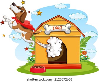 Dog With Red Cape Flying Out Of Doghouse Illustration