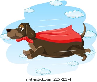 Dog with red cape flying in the sky illustration