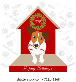 Dog with red doghouse and candy cane in its mouth. Happy Holidays card with cute Jack Russell Terrier. Vector illustration on white background.