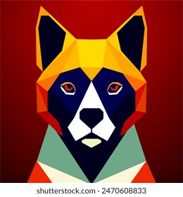 Perro con ojos rojos sobre un fondo rojo, colorido diseño plano surrealista. Arte vectorial, sots art, bajo poli, cubo-futurismo, pegatina, avatar de dibujos animados, logotipo animal, diseño surrealista