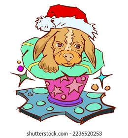 Dog in a red hat vector for card, illustration, decoration