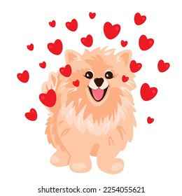 Dog with red hearts. Cute pomeranian spitz. Vector illustration