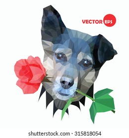 Dog with red rose on white background, abstract picture in the style of the polygon (low-poly). vector illustration of dogs.