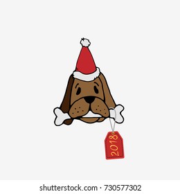 Dog in red Santa hat. Bone in the dog's mouth. 2018. Hand drawn vector illustrator