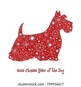 Dog red silhouette with snowflakes. 2018 - Chinese Year of the Dog.  Vector illustration.