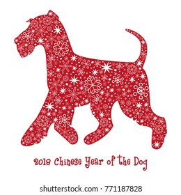 Dog red silhouette with snowflakes. 2018 - Chinese Year of the Dog.  Vector illustration.