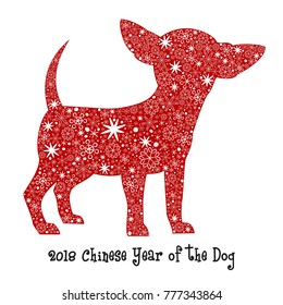 Dog red silhouette with snowflakes. 2018 - Chinese Year of the Dog.  Vector illustration.